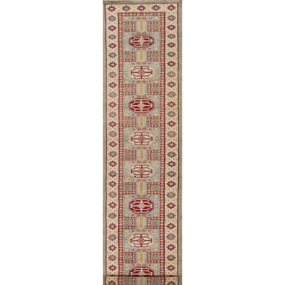 Geometric Kazak Runner Rug Handmade Traditional Blue Wool Carpet - 2'8" x 13'6"