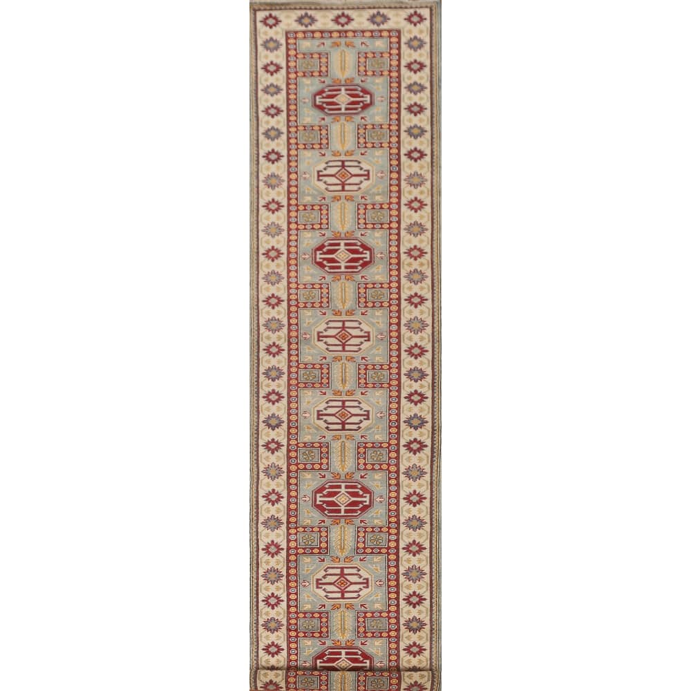 Geometric Kazak Runner Rug Handmade Traditional Blue Wool Carpet - 2'8" x 13'6"