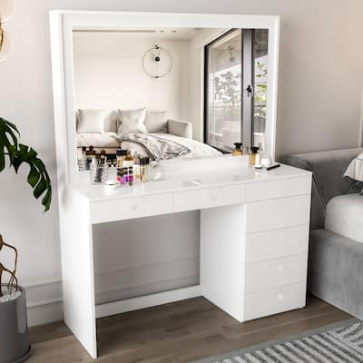 Boahaus Modern Vanity Table, White, 7 Drawers, Wide Mirror