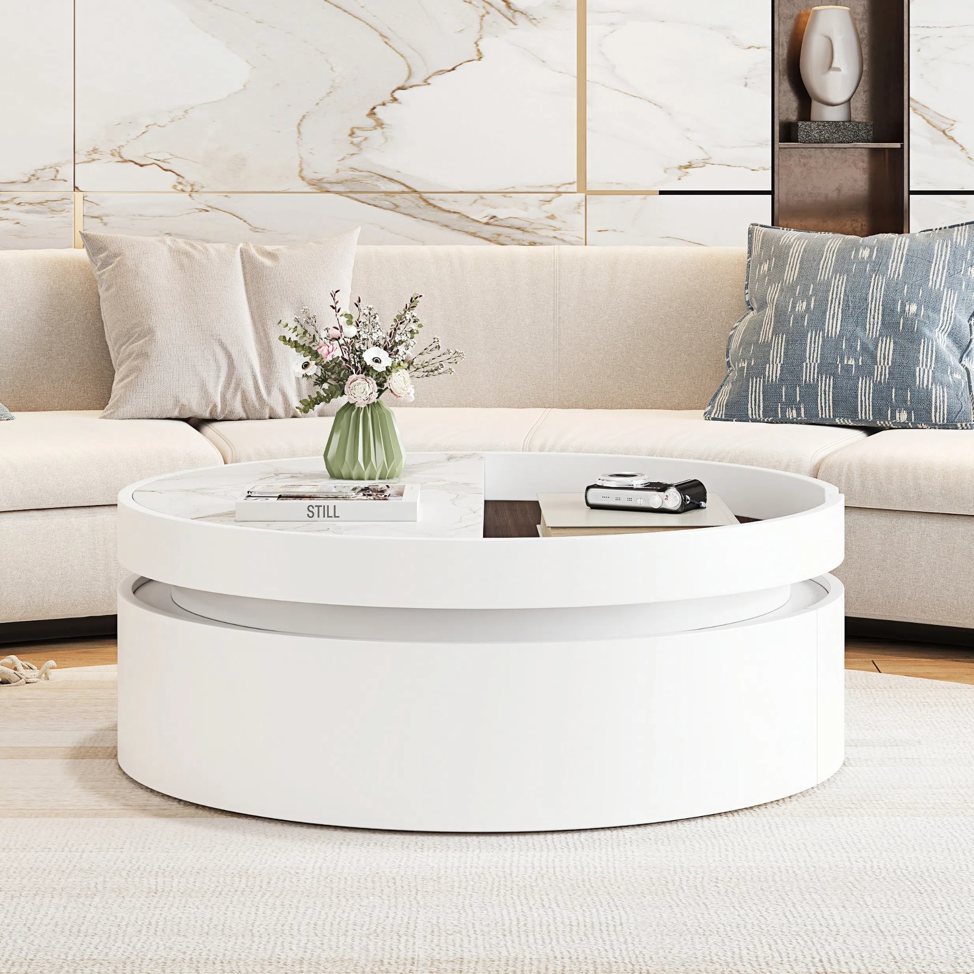 Lift-Top Round Coffee Table, Center Table with Marble & Wood Grain Tabletop, Accent Table with Hidden Storage & 1 Drawer