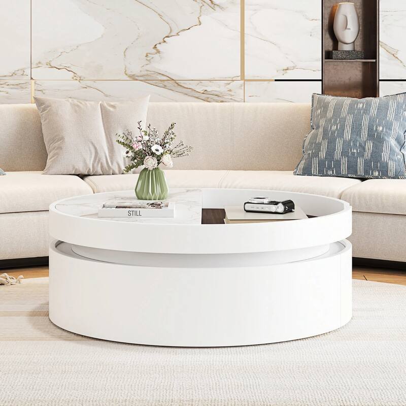 White Round Lift Coffee Table with 1 Drawer in 29.5", Marble and Wood Grain Tabletop