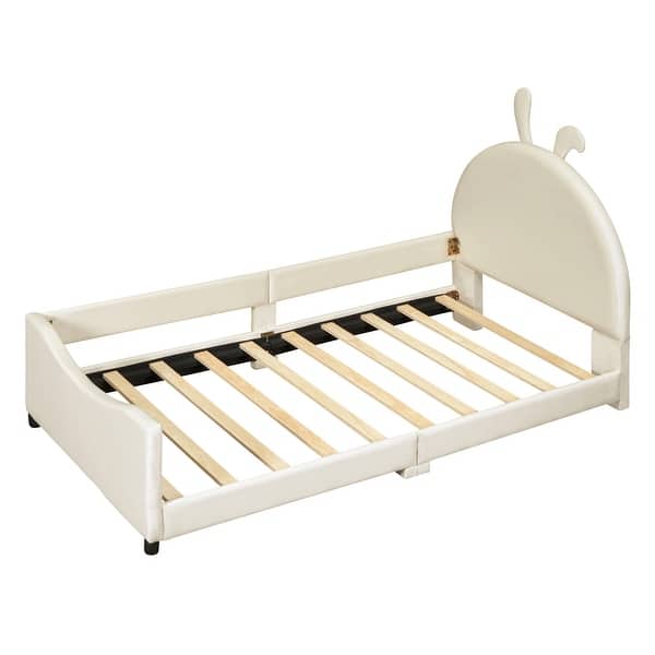 slide 2 of 10, Beige Upholstered Daybed with Rabbit Ear Shaped Headboard, Footboard and L-shape Guardrail Frame Platform Sofa Bed, Twin Size Beige Rabbit Ear - Twin