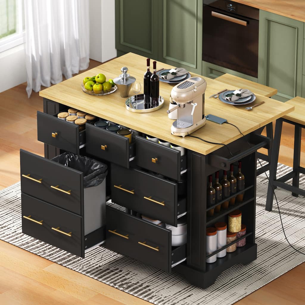 Rolling Kitchen Island with Drop Leaf, 6 Drawers, 5 Wheels, Pull Out Trash Can Storage, Power Outlet & 5 Open Side Racks