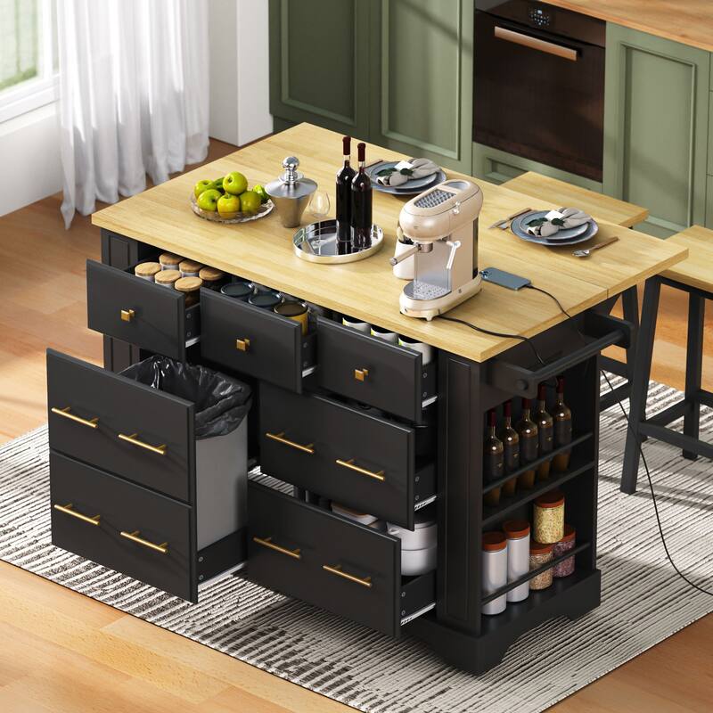 Rolling Kitchen Island with Drop Leaf, 6 Drawers, 5 Wheels, Pull Out Trash Can Storage, Power Outlet & 5 Open Side Racks - Black