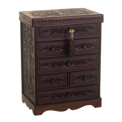 Novica Handmade Colonial Flowers Leather And Wood Jewelry Chest