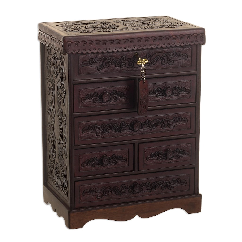 Novica Handmade Colonial Flowers Leather And Wood Jewelry Chest