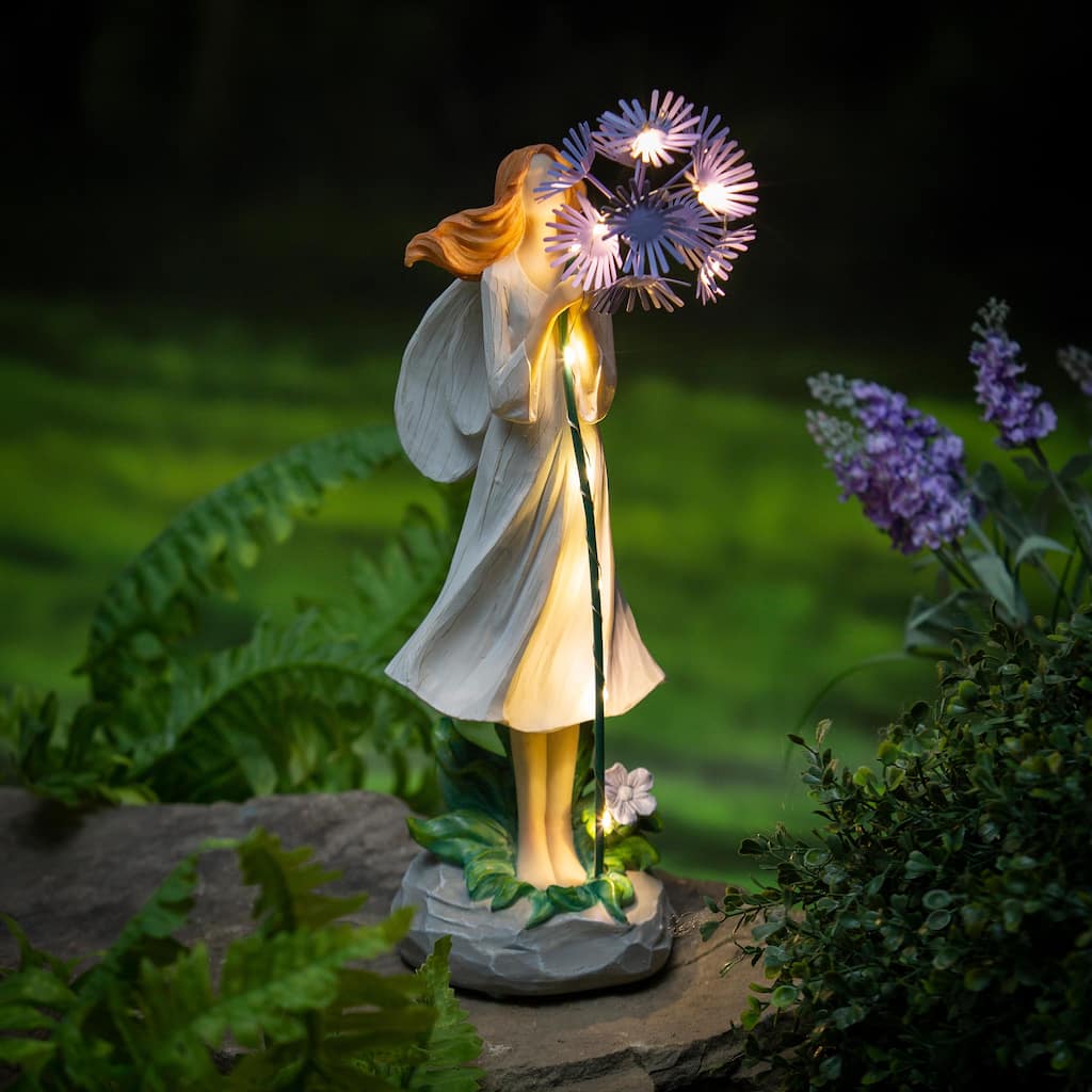 13 in. LED Garden Angel Resin Statuary, Purple Flower