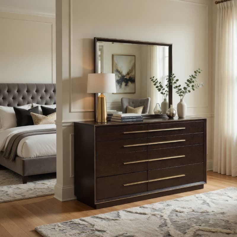 Lyni Wide Dresser with Mirror, 8 Drawers, Metal Handles, Brown Wood