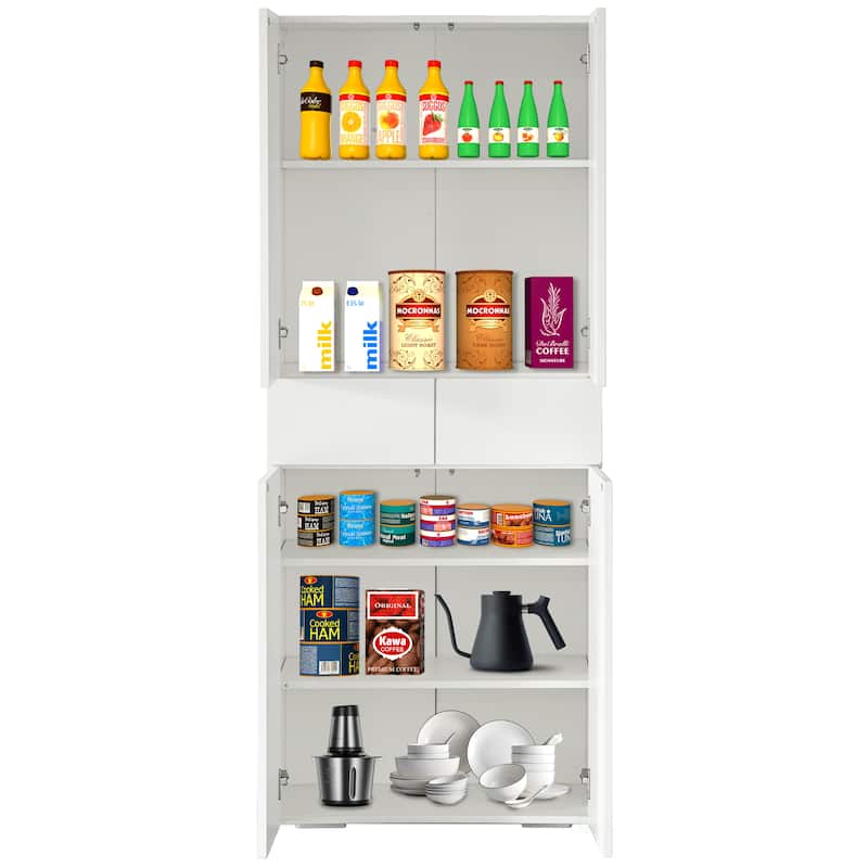 66" Kitchen Pantry Cabinet with 4 Doors, 3 Adjustable Shelves, 2 Cabinets with 1 Drawer – Elegant Freestanding Farmhouse Storage