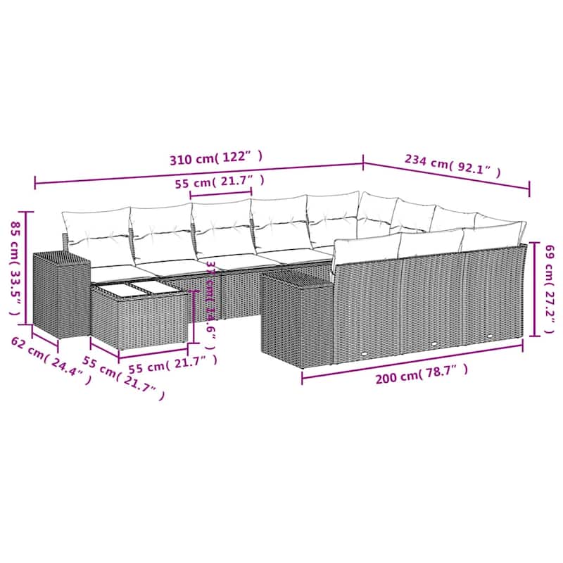 vidaXL 11 Piece Patio Sofa Set with Cushions Black Poly Rattan - 24.4 x 24.4 x 27.2-With table