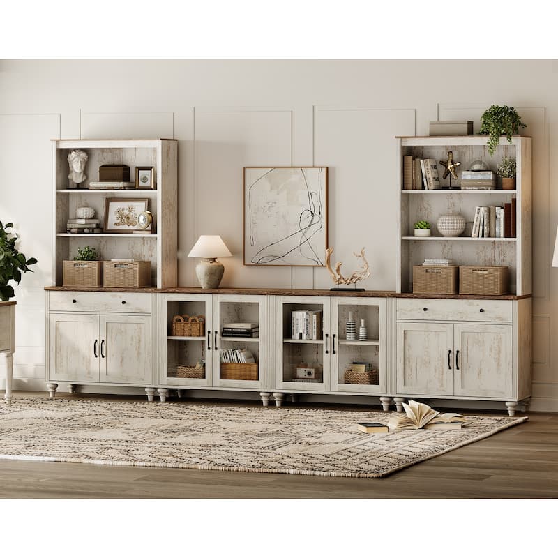 Rustic White Farmhouse TV Stand with Wooden Doors & Drawers