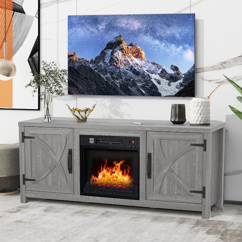58-inch Grey Electric Fireplace TV Stands Console Table with 18" Electric Fireplace