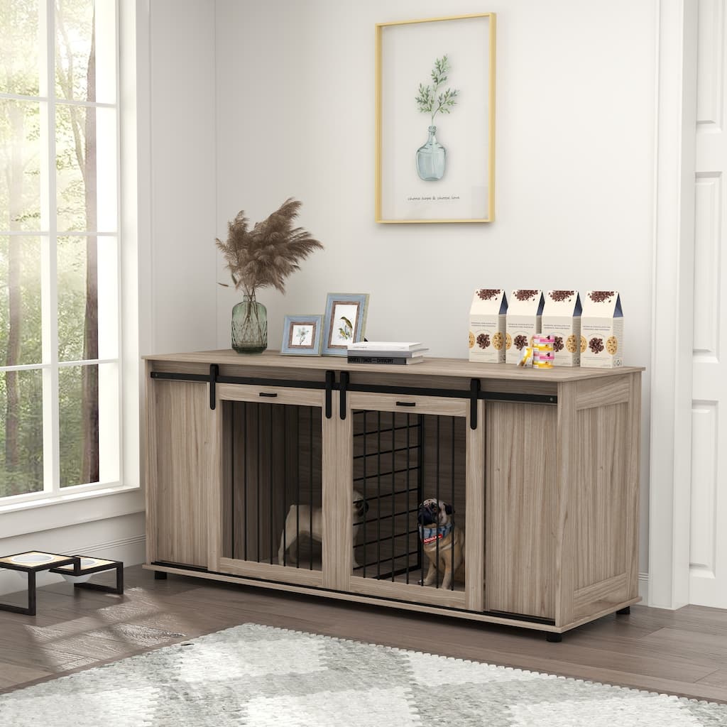 PawHut Walnut 71" Wooden Dog Crate Furniture Table with Divider