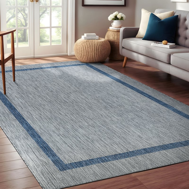 Beverly Rug Modern Bordered Indoor Outdoor Rug, Outside Carpet for Patio, Deck, Porch