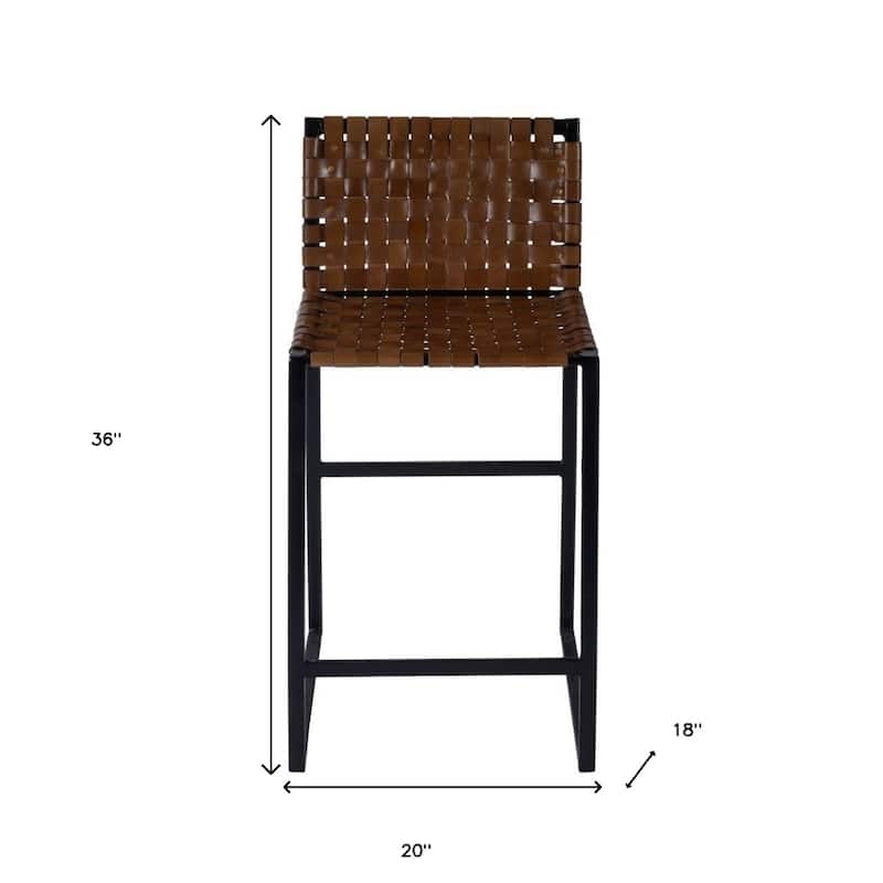 Brown Leather Tall Bar Stool with Full Back, Black Iron Frame and Footrest