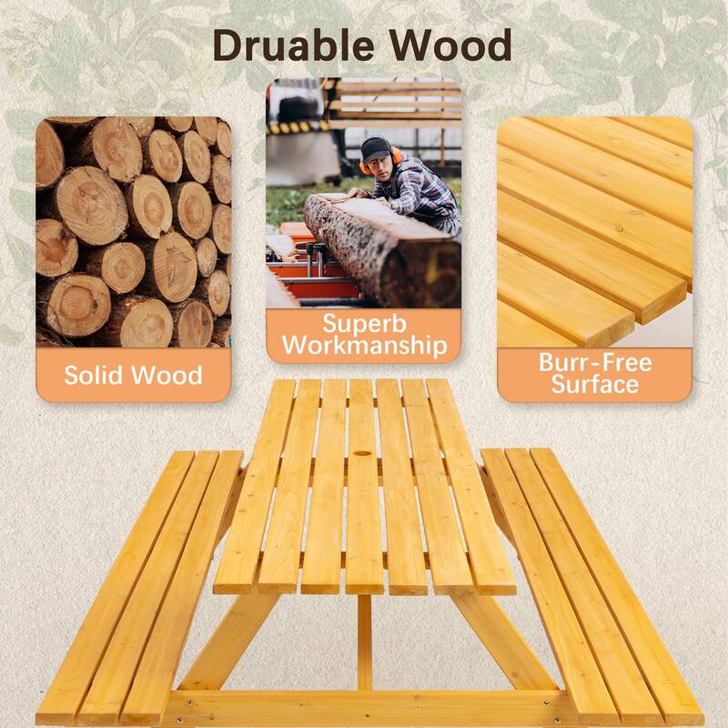 8 Person Wooden Picnic Table - Outdoor Camping Dining Table with 2 Built-in Benches, DIY, 2220 lb Capacity
