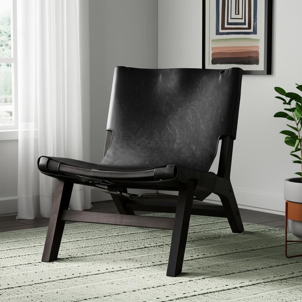 HomeRoots 32" Black Genuine Leather and Solid Wood Slipper Chair - 31.50 in. x 30.71 in. x 24.41 in.