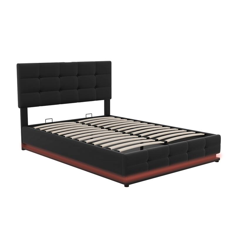 Tufted Platform Bed with Hydraulic Storage System, LED Lights and USB Charger
