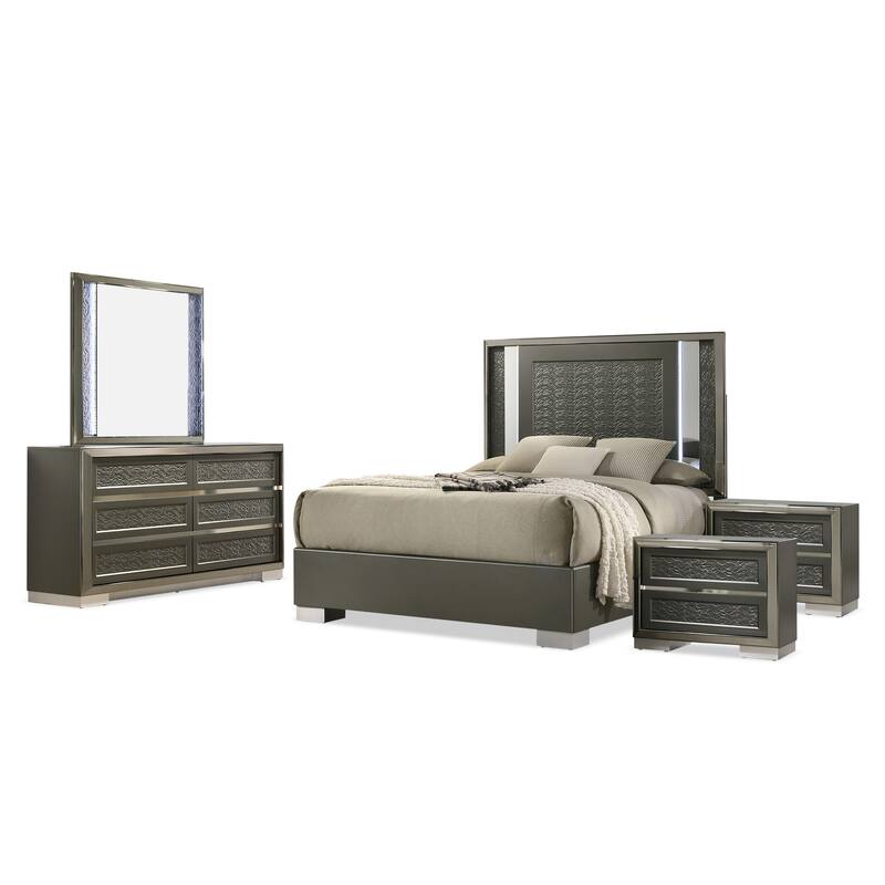 Furniture of America Iralles Modern 5-Piece Dark Grey Wood Queen Platform Bedroom Set with LED Light