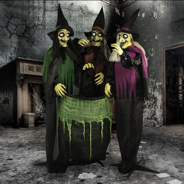 slide 2 of 13, Haunted Hill Farm Life-Size Animatronic Witches, Indoor/Outdoor Halloween Decoration, Light-up Eyes, Poseable