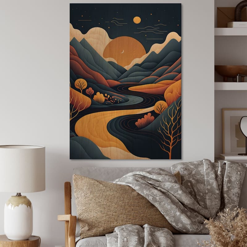Designart 'Orange Moon In Graphic Blue River Mountains' Landscape ...