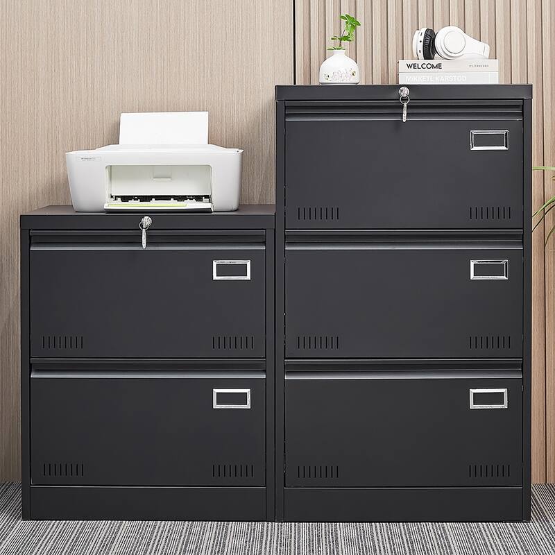 Anmytek Black File Cabinet Double Drawer Locking Office Storage Desk Organizer