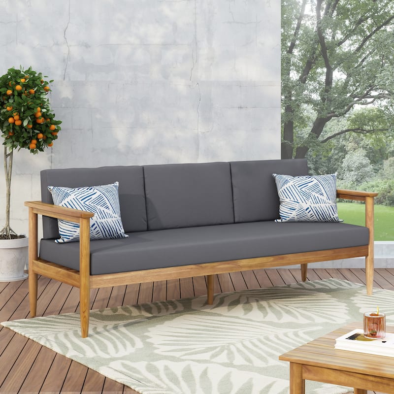 Roomfitters Mid-Century Acacia Wood 3-Seater Sofa with Cushions, Outdoor Patio Lounge, Gray - Grey