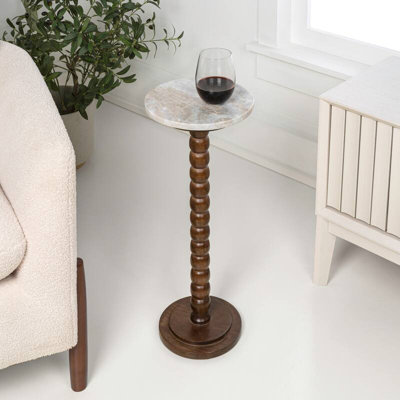 Monroe 24.25″ Farmhouse Spindle Wood Drink & End Table w/ White Marble Top, By JONATHAN Y