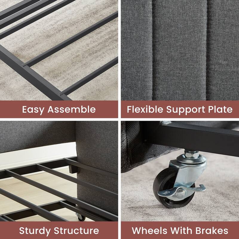 Grey Metal Daybed with Trundle, Twin Size, Space-Saving Design