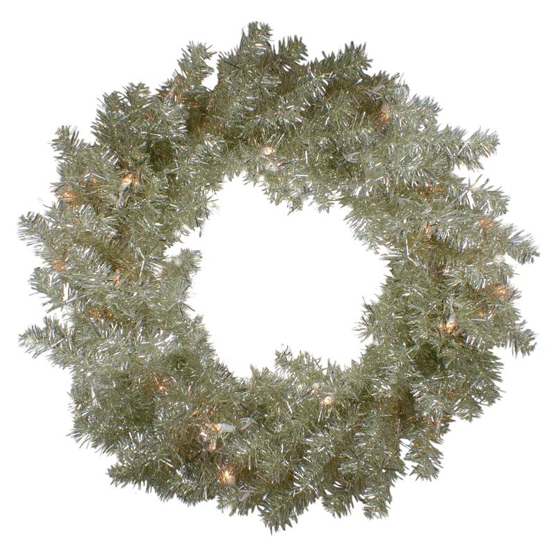Pre-Lit Artificial Tinsel Christmas Wreath - 24" - Silver and Champagne - Clear Lights
