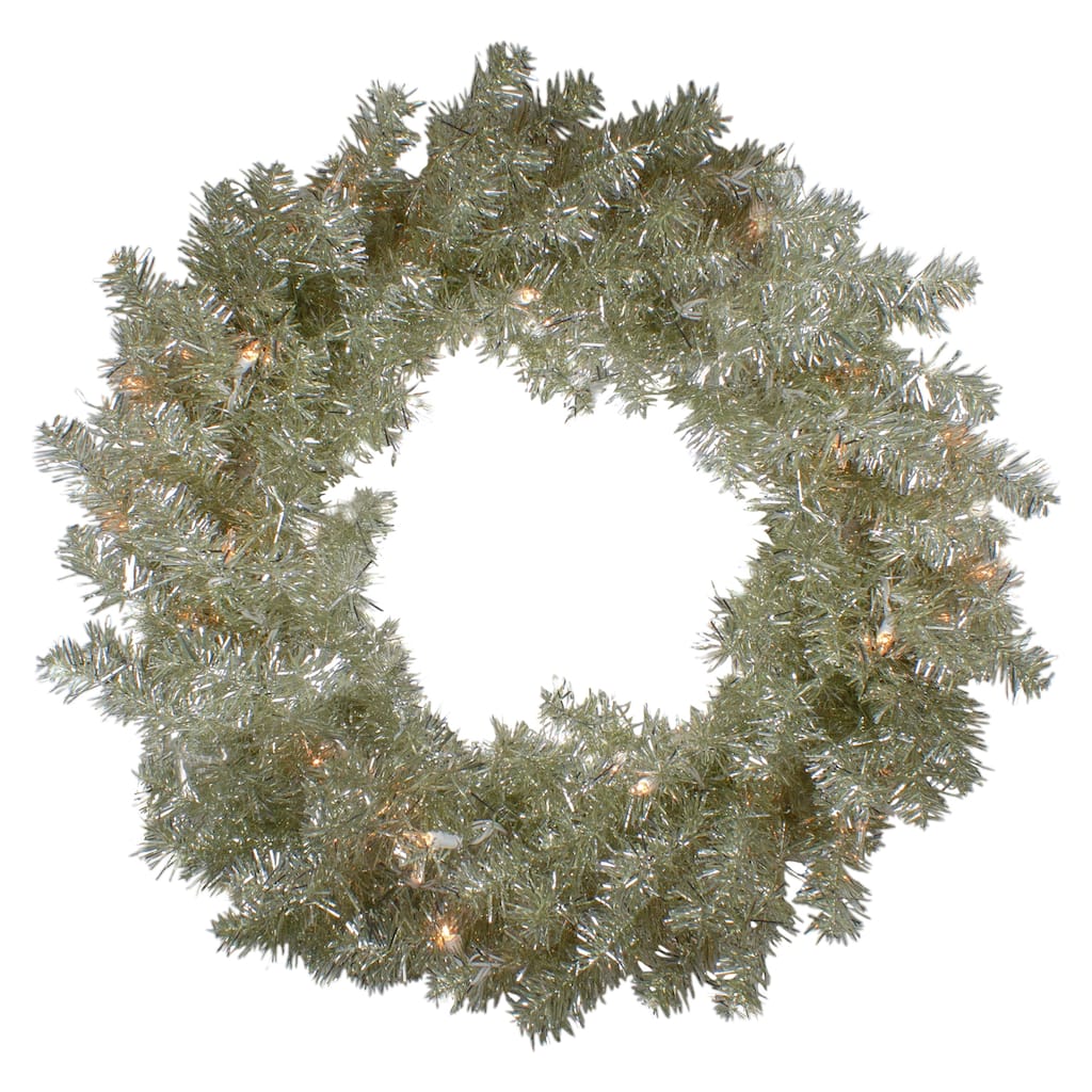 Pre-Lit Artificial Tinsel Christmas Wreath - 24" - Silver and Champagne - Clear Lights