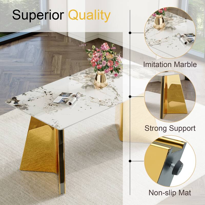 7-Piece Luxury Dining Table and Chair Set, Stone Tabletop Rectangular Table with Stainless Steel Butterfly Legs and 6 PU Chairs