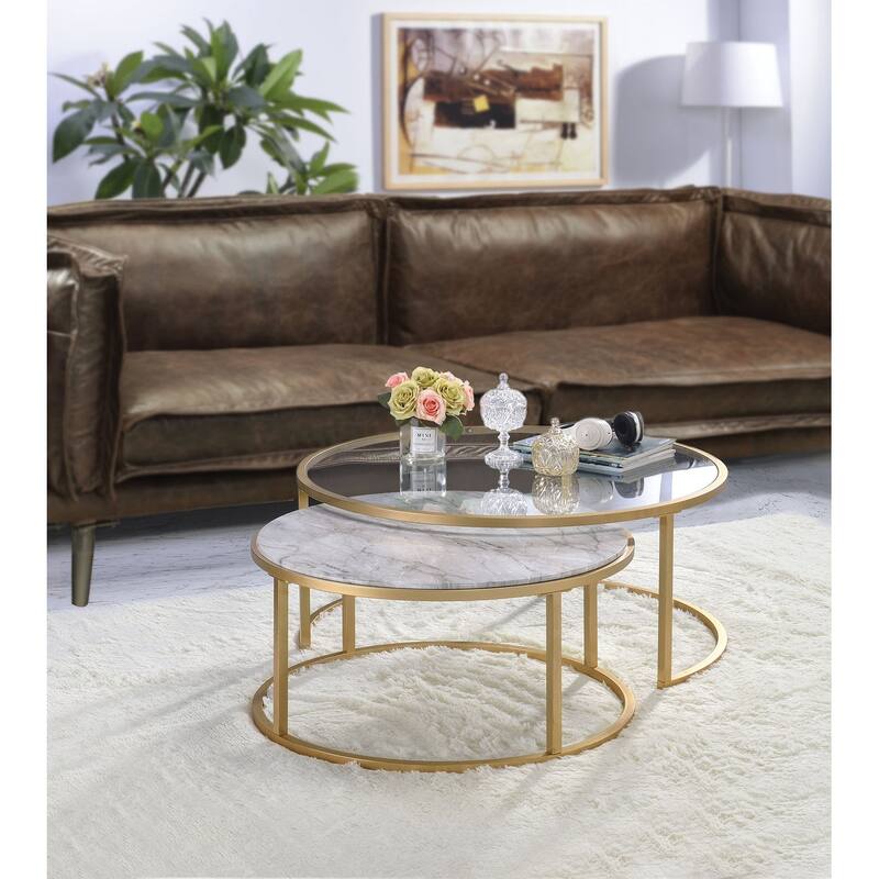 Metal Framed Nesting Coffee Tables with Glass and Marble Tops, Set of Two, Gold - 15.75 H x 36 W x 36 L Inches