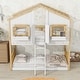 preview thumbnail 2 of 11, Natural+White Twin over Twin Size Wood House Bunk Bed with Roof , Window, Window Box, Door, Safety Guardrails and Ladder