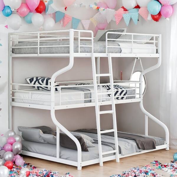 slide 2 of 26, Full XL over Twin XL over Queen Size Triple Bunk Bed with Ladder,Unique Curved Metal Frame In A Black Finish,White White