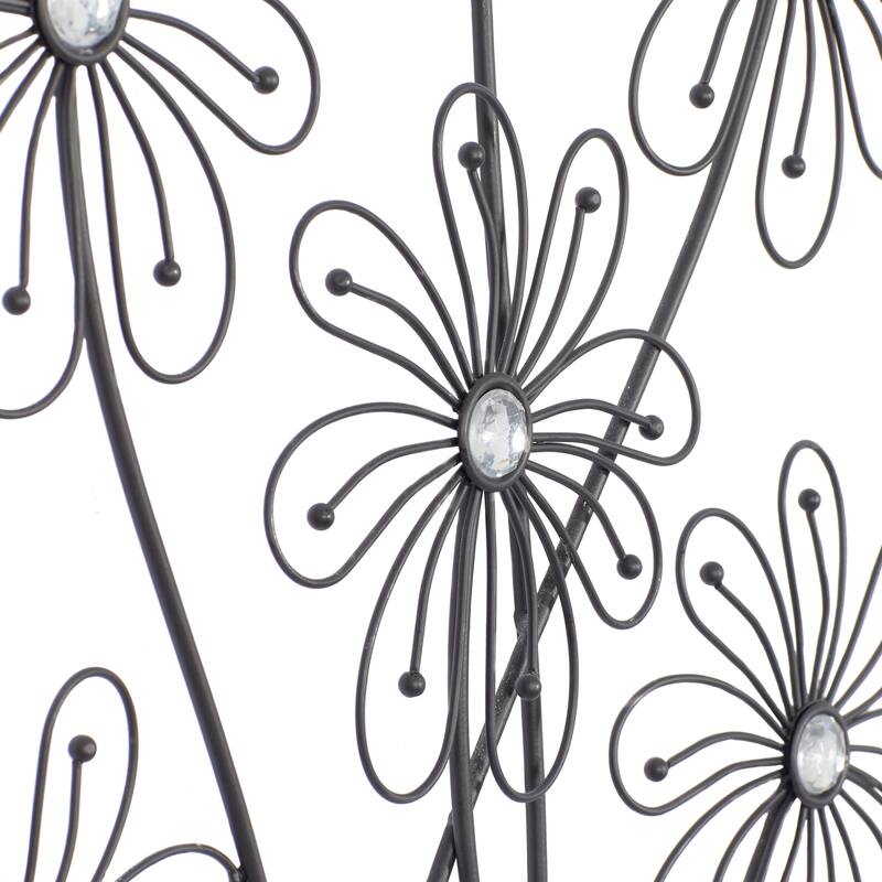 Black Metal 3D Wire Floral Home Wall Decor with Crystal Embellishments