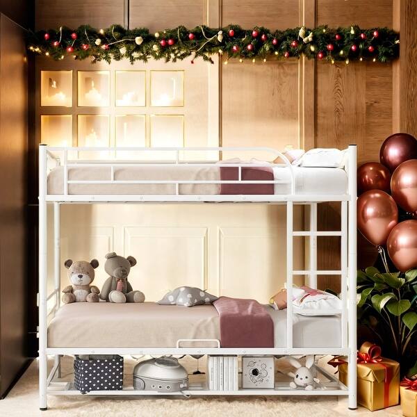 slide 2 of 24, Twin Over Twin Metal Bunk Bed with Shelf and Guardrails, Separate Into 2 Twin Beds White
