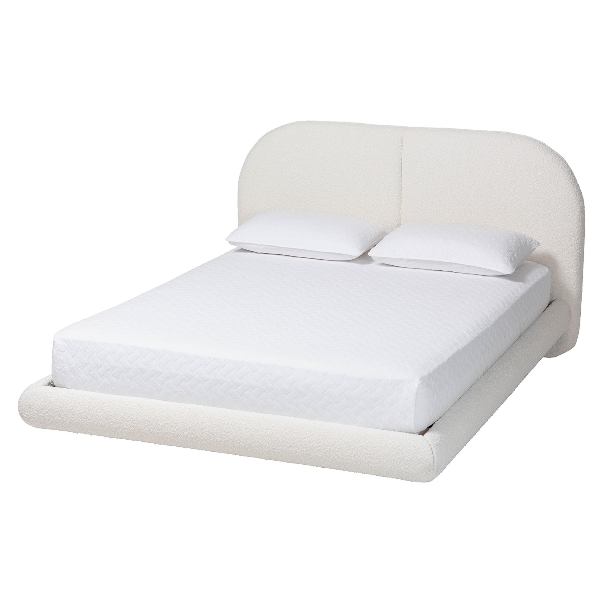 Cachet Floating Platform Bed with Rounded Headboard - Low Profile Minimalist Boucle Upholstered Bed Frame