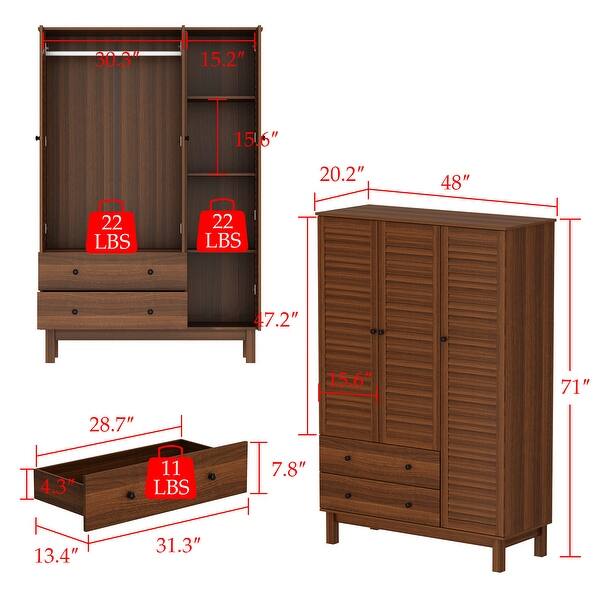 Large Wardrobe Armoire with 4 Tier Shelves 2 Drawer 3 Louver Doors ...