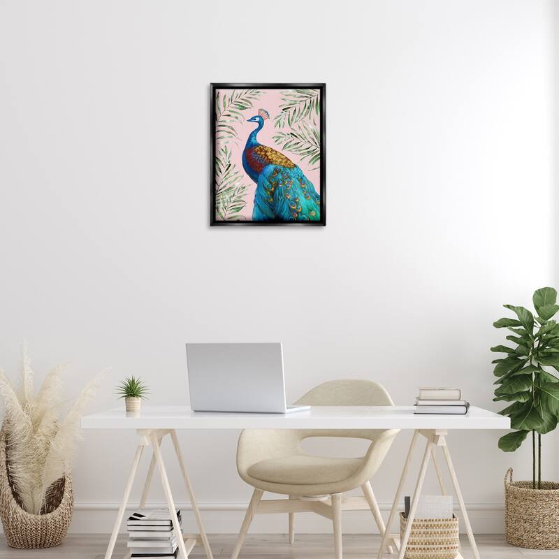 Stupell Elegant Peacock & Palm Sprigs Framed Floater Canvas Wall Art Design By Nan