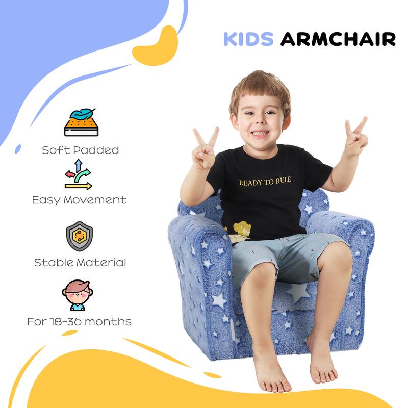 Blue Kids Sofa with Glow in the Dark Stars and Foam Cushion Wooden Frame for Toddlers 18-36 Months - 19.7" W x 15.4" D x 17.3" H
