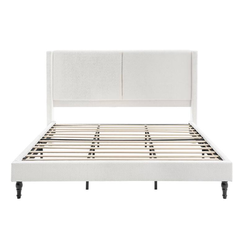 Boucle Upholstered Platform Bed with 55.5" High Wingback Headboard, Slats Support, Solid Wood Feet and Optional King or Queen