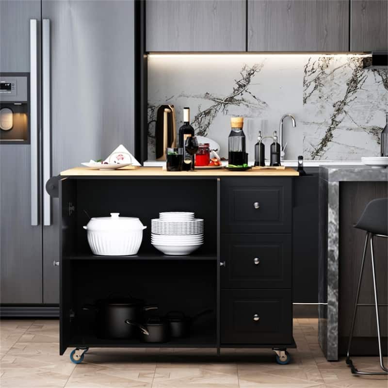 Multi-Functional Rubber Wood Counter Kitchen Cart with Cabinet Storage and Drop Leaf Extension - 50.75" L x 29.25" W x 36.5" H