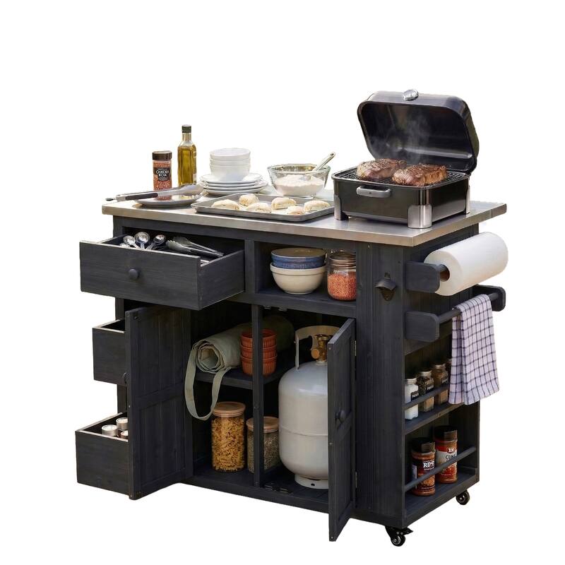 Outdoor Solid Wood Extendable Kitchen Island with Stainless Steel Top, Side Spice Rack, Drawers & Storage Cabinet
