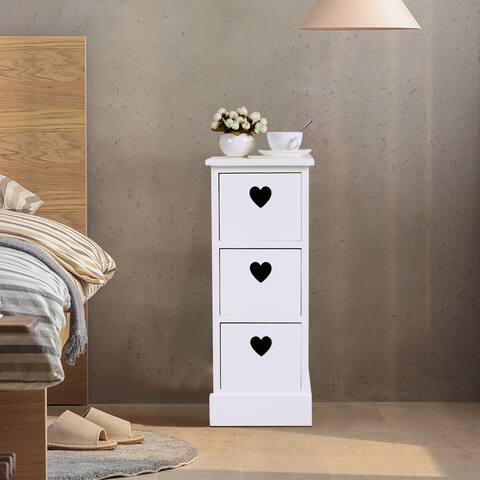 Modern Wood Nightstand Cabinet, Bed Side Table with 3 Drawers, Files Organizer Furniture, White with Heart-Shaped Cut-outs