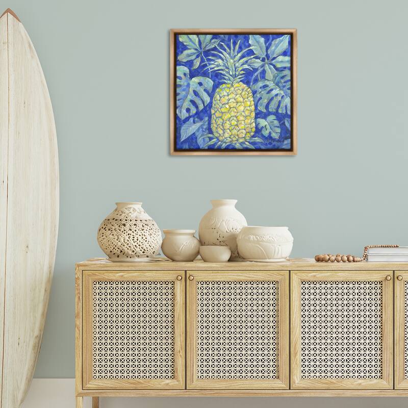 Stupell Tropical Pineapple on Blue Framed Floater Canvas Wall Art Design By Paul Brent