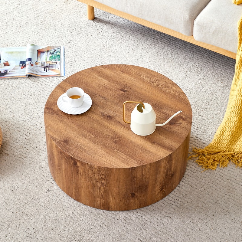 Cylindrical Coffee Table Dining Table with Anti-slip Feet, Writing Desk Accent Table with Woodgrain Pattern