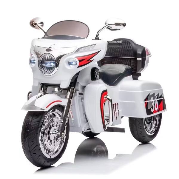 slide 2 of 35, Three-Wheel Kids Motorcycle with Music Player, Dual Seats, and Storage Trunk White