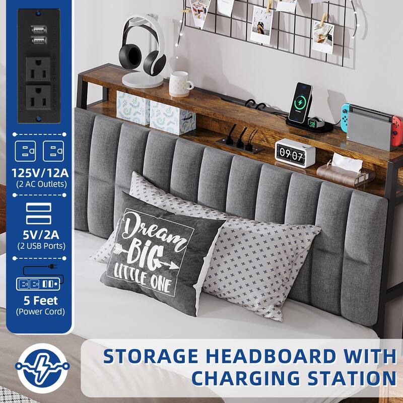 Moasis Lift-Up Storage Bed Frame with Charging Station & Storage Headboard