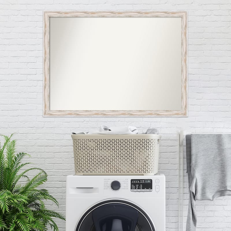 Non-Beveled Wood Bathroom Wall Mirror - Alexandria White Wash Narrow Frame - Alexandria White Wash Narrow